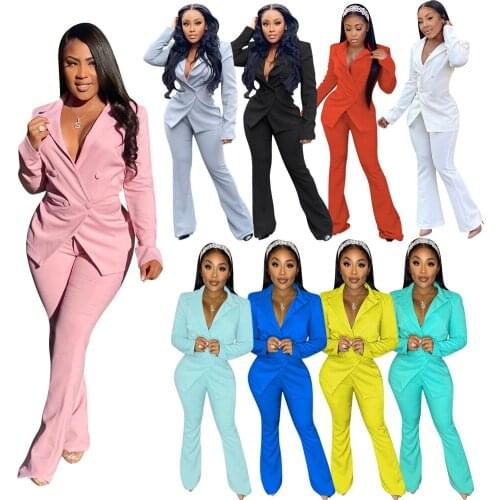 Women 2 Piece Blazer Set Autumn Winter Long Sleeve Casual Suit Deep V Neck Buttons Blazers Coats and Long Pants Outerwear 2020