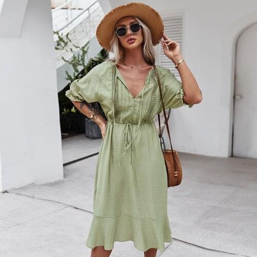 Fashion Half Sleeve Ruffles Spring Summer Dress Women Solid Color V Neck Lace Up Button Dress For Women 2021 New DS034