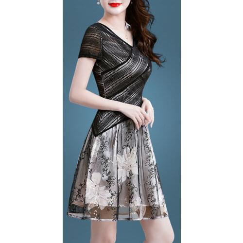 S-4XL Summer Women Dress Elegant Vintage Sexy Embroidery Floral Chiffon Vestidos Short Sleeve Party Dress Plus Size 9860