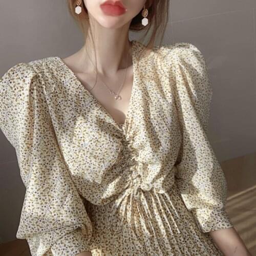 2020New Fashion Autumn Women V-neck Puff Sleeve Chiffon Dress Elegant Ladies Floral Drawstring Ankle-length Pleated Dress Female