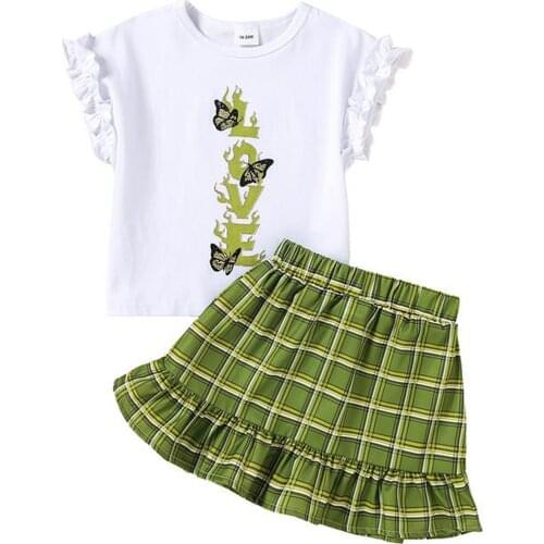 2Pcs Kids Summer Outfit, Girls Letters Print O-Neck Ruffled-Sleeve T-Shirt + Plaid Frilly Skirt, 18 Months to 6 Years