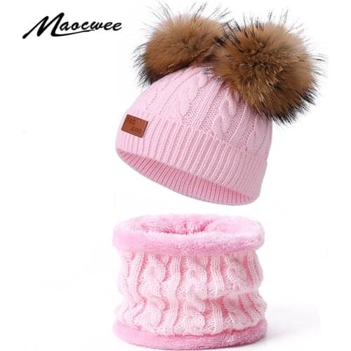 Childrens Hats Scarf Hat Set Girls Womans Pompon Beanie Cap Keep Warm Winter Knitted Skullies Crochet Solid Color Female