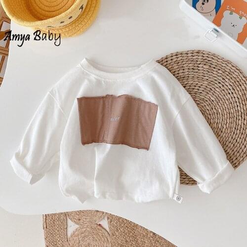 Amya Baby Boy T-shirt Cotton Letter Print White Color Girls Long Sleeve Tops Tees Fashion Toddler Fall Clothes 2021