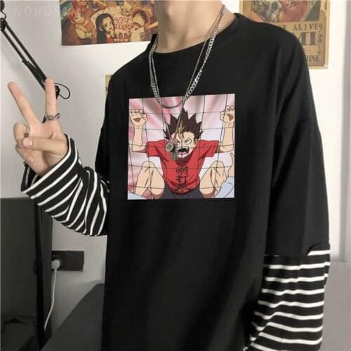 Harajuku Anime Haikyuu Yu Nishinoya T Shirts Men Funny Volleyball Junior Fake Two Piece Long Sleeve T-shirt Unisex Summer Tshirt