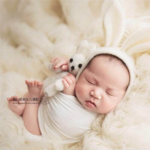 Teddy Bunny Toy Bonnet Set Photography Props Fuzzy Newborn Stuffed Animal Toy Doll Wool Felted Bonnet Set Photo Props