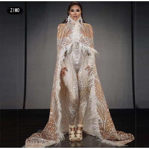 Jumpsuit Women with Long Feather Cloak 3D 2 pieces man Singer print party Nightclub Drag Queen performance stage Costumes outfit