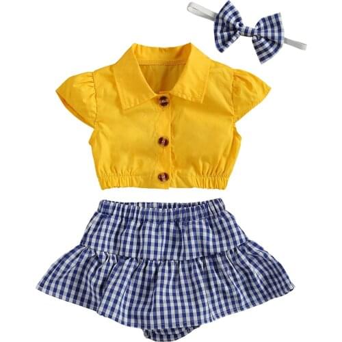 0-24M Newborn Baby Girls Boys Clothes Sets 3pcs Ruffles Short Sleeve Single Breasted Solid Tops Plaid Shorts Headband