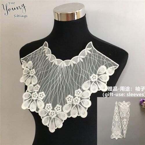 New arrive White Organza Fabric Lace collar Sewing Lace Neckline Embroidery Applique DIY Dress Decorate Accessory A pair of sale
