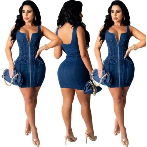 Summer Dress Women Slim Hips Denim Mini Dresses Eyelet Strap Zipper Sling Sleeveless Backless Pencil Dress For Women Robes Femme