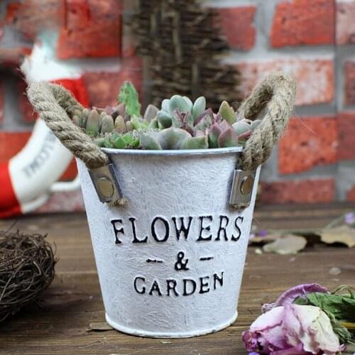 Small Metal Buckets Planters Flower Decorative Vases With Rope Handles