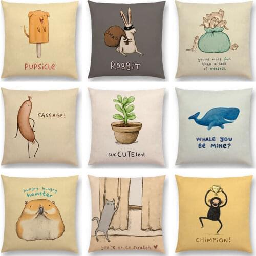 Lovely Cartoon Animals Funny Words Decorative Letters Cute Nickname Cat Pug Rabbit Whale Cushion Cover Sofa Throw Pillow Case