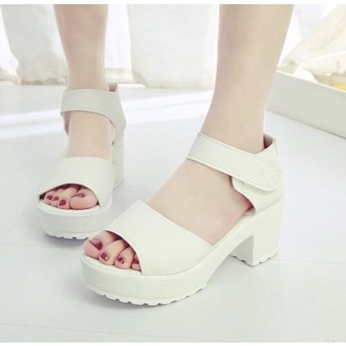 Fashionable Ladies Sandals Summer Large Size Fish Mouth Thick Bottom Roman Waterproof PU Hook Middle Heel Thick Bottom Sandals