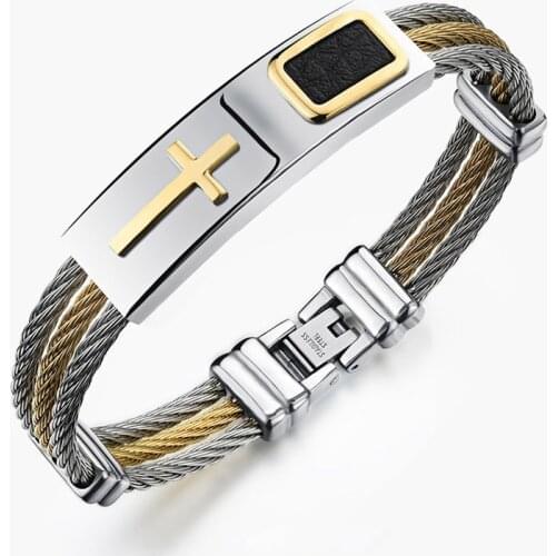 Men 3 Rows Wire Chain Bracelet Bangle Punk Stainless Steel Cross Bracelets Jewelry Gifts 8 TT@88
