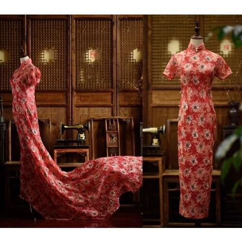 The latest red 3D African lace fabric, Guipure lace of Nigeria, Queen lace of China Wind Brides wedding dress in 2019. DY-WXB3