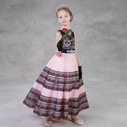 2019 New European And American Style Flower Girl Dresses Ball Gown Pink Lace Tulle Striped Embroidered O-neck Sleeveless