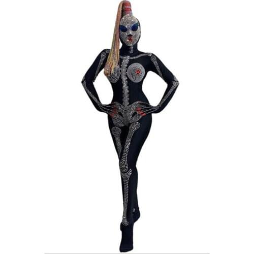 Halloween New Black Terror Shiny Rhinestones Skeleton Jumpsuit Long Sleeve Celebrate Party Prom Outfit Female Singer Stage Set