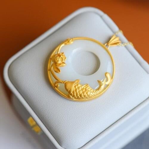 New silver inlaid natural Hetian white jade koi pendant necklace retro unique ancient gold craft charm womens brand jewelry