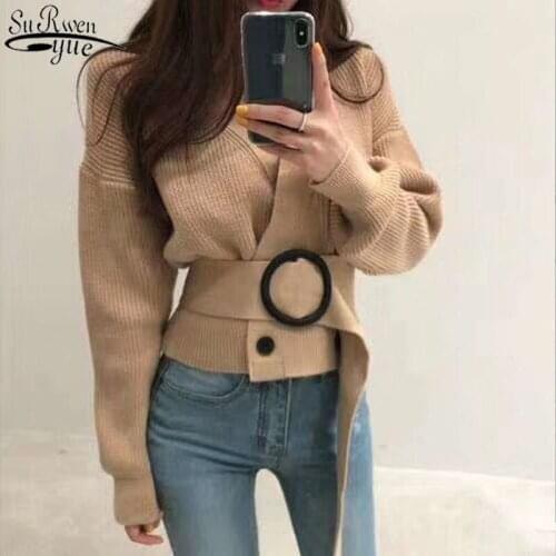 2021 Autumn Winter New Fashion V-neck Belt Short Retro Chic Top Double-button Knitted Sweater Jacket Office Lady Style 11717