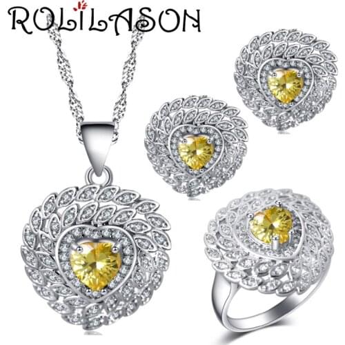 ROLILASON Party gift Heart-shaped design yellow zircon Earrings Necklace Rings Jewelry Sets USA size #6#7#8#9#10 JS731