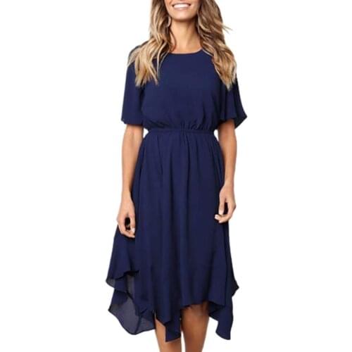 Summer Dresses Lady Solid Color Irregular Tight Waist Women Short Sleeve Round Neck Midi Dress Womens Clothing Apparel Dress