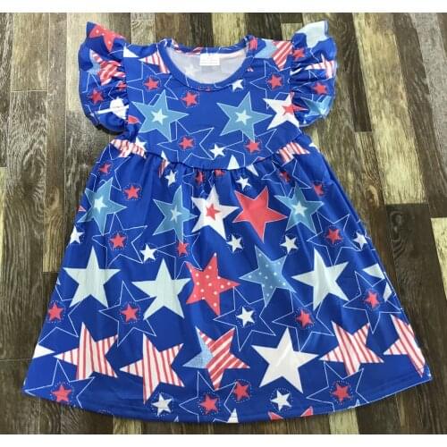 Popular Kids clothing Baby Girl Independence Day blue five-pointed star full print summer cute dress