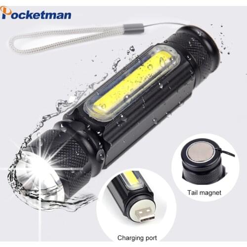 Accept Dropshiping Built-in Battery LED Flashlight USB Rechargeable T6 Torch Side COB Light Linterna Tail Magnet Work Lamp z60