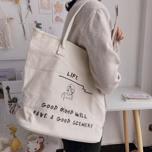 Simple large-capacity letter printed canvas shoulder bags Japanese and Korean ins tote bag all-match shopping