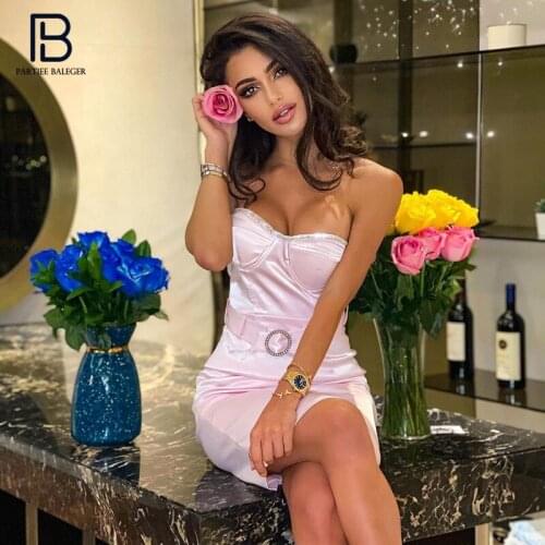 PB Trendy Beads Design Sexy Strapless Sleeveless Backless With Belt Celebrity Party Club Satin Midi Dress