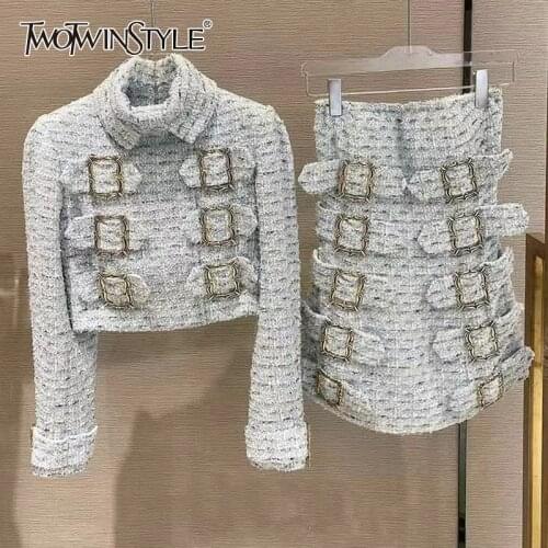 TWOTWINSTYLE Elegant Blue Two Piece Set Women Lapel Long Sleeve Short Coat High Waist Mini Skirt Slim Womens Suit 2021 Clothing