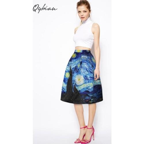 Qybian New Faldas Vintage Van Gogh Print Ladies Skirts High Waist Womens Skirts Christmas Skirt Plus Size Skirt