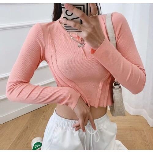 2021 spring womens irregular splicing short sleeve fashion European and American style beveled personality T-shirt