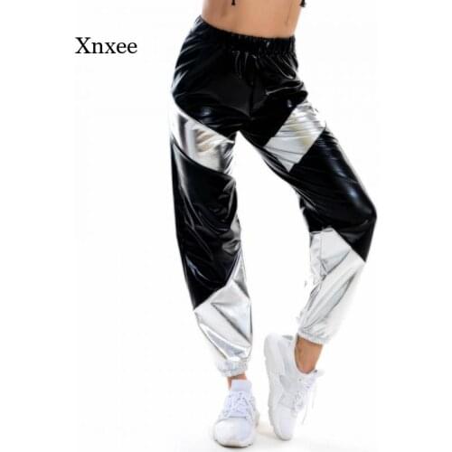 Womens Holographic Pants Hoodie Metal Jacket Carnival Costume Hip Hop Pants Sexy Shiny Jogging Pants