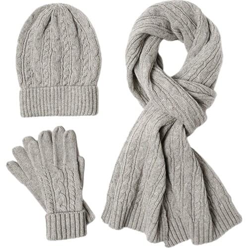 Women Men Daily Winter Warm Windproof Skiing Soft Gift Snowboarding Casual Cable Knit Outdoor Sports Solid Scarf Glove Hat Set