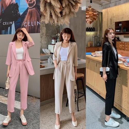 Lady 2 Piece Set Summer Office Womens Pant Suits Loose Solid 3/4 Sleeve Blazer Cropped Pants Female Outfit Casual Jacket