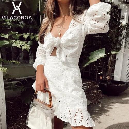 V-neck bandage white hollow long-sleeve women dress Elegant cross ruffle skinny party dresses street Harajuku female dress