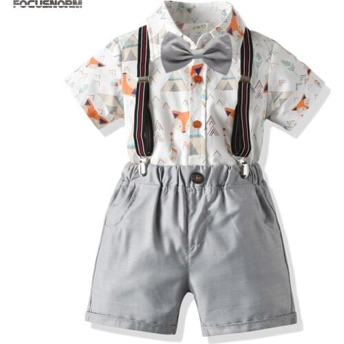 2020 Gentleman Boys Clothes Set 3PCS Outfits 1-6Y Bow Tie Animal Print Short Sleeve Single Breasted Romper Bib Overalls Shorts