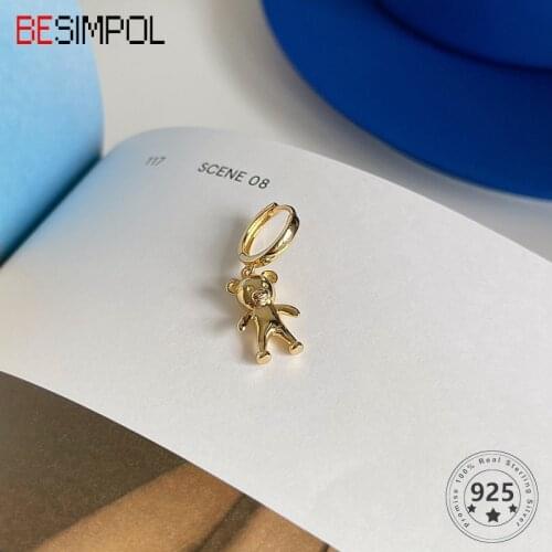 Besimpol Genuine100% 925 Sterling Silver Stud Earrings Cute Cartoon Bear Solid Earrings For Women Birthday Fashion Fine Jewelry