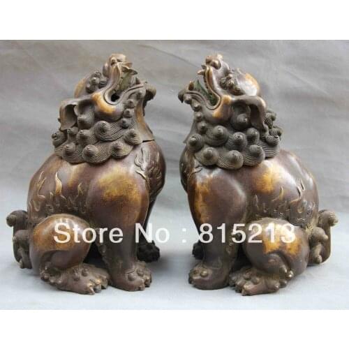 Bi00294 13 Old Bronze Copper Foo Dog Lion Kirin Brave troops incense burner Censer Pair