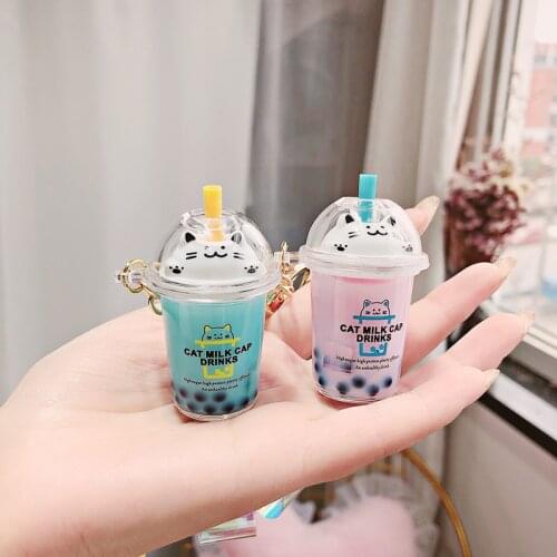 Cartoon Cat Keychain Mini Milk Tea Cup Liquid Quicksand Sequin Key Ring Car Bag Pendant Key Chains for Women Gifts