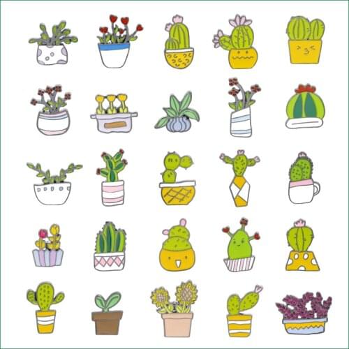 Cartoon Plant Potted Flower Enamel Brooch Cactus Love Aloe Sapling Sunflower Alloy Badge Denim Shirt Bag Pin Jewelry Gift