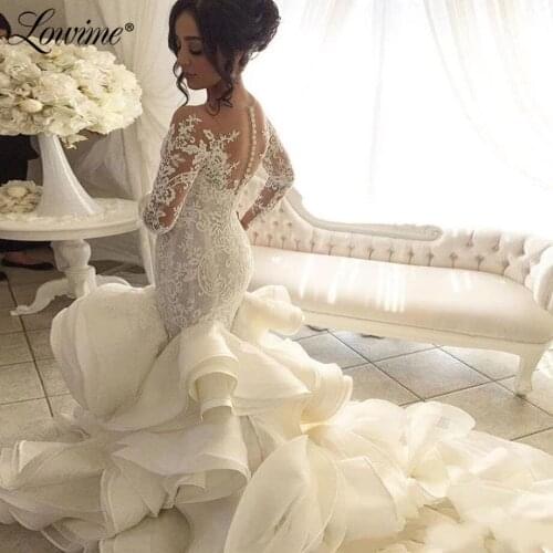 Lace Mermaid Illusion Wedding Dresses 2021 Customized Plus Size Long Sleeves Bridal Gowns Vestido De Noiva Ruffles Bride Dress