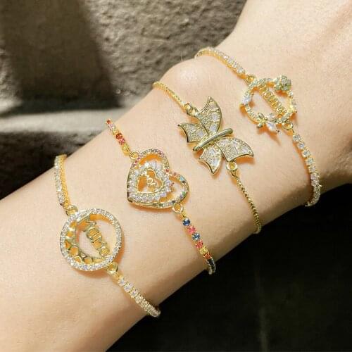 EYIKA Gold Plated Multicolor Zircon Letter Mama Mom Charms Bracelet Heart Butterfly Tennis Chain Women Pulseras Mother Jewelry