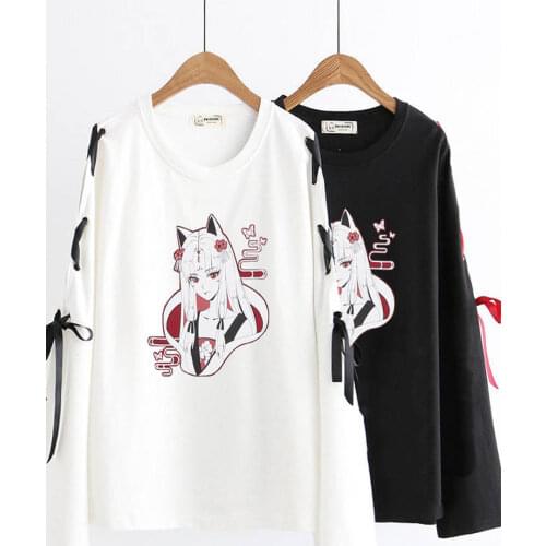 Cartoon Cat T Shirt Women Casual Long Sleeve Top Tees Kawaii Female Lolita Girls Neko Atsume Japan Anime Shirts Blusa Vestidos