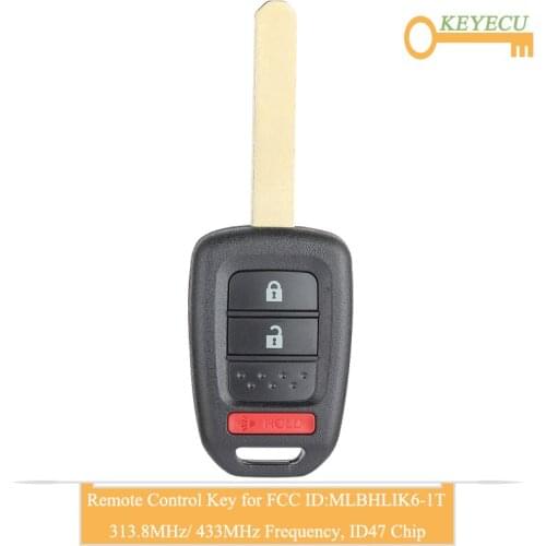 KEYECU Remote Control Car Key for Honda Crosstour CR-V Fit HR-V, Fob 2+1 3 Button - 313.8MHz/ 433MHz - ID47 Chip - MLBHLIK6-1T