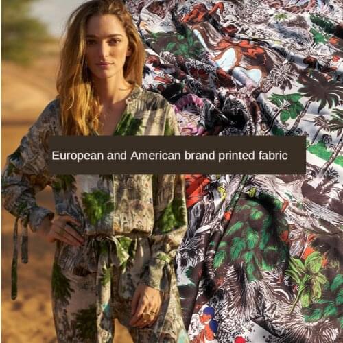 Fashion printing retro Egyptian camel character castle coconut tree painting simulation silk satin dress skirt shirt fabric