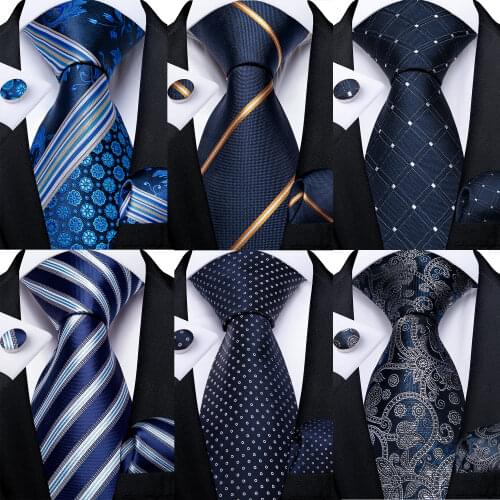 New Classic 100% Silk Mens Ties 8cm Blue Plaid Dot Striped Business Necktie Handkerchief Wedding Party Tie Set Gravatas DiBanGu