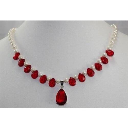 Wholesales -Jewelry white pearl and red crystal pendant necklace