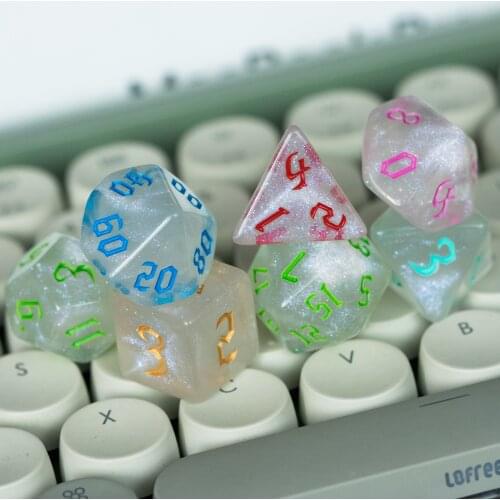 Poludie 7Pcs/Set DND Dice Sets White Glitter Sickle Font Polyhedral Dice D4 D6 D8 D10 D% D12 D20 for Role Playing Game RPG Dice