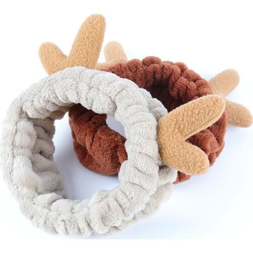 Autumn Winter Soft Funny Headbands Fleece Deer Antler Ears Headband for Women Wash Face Makeup Hair Accessories Elastic Hairband