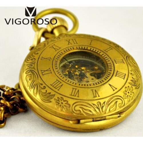 Luxury Old Copper Roman Numerals Carved Analog Mechanical Pocket Watch Hand Winding Antique Vintage Watches Fob Chain Clock 3026